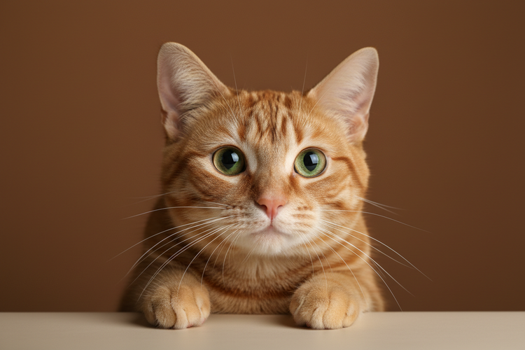 A realistic studio photograph of a ginger cat peeking forward with only its head and front paws visible, paws resting on the edge, calm and curious expression, ultra-sharp fur and eye detail, soft diffused studio lighting, minimal composition, solid warm brown background matching a deep cocoa/burnt brown tone, no wall texture, no gradients, no shadows, no other animals, high-resolution, commercial photography style, background colour code is #5A2F1A